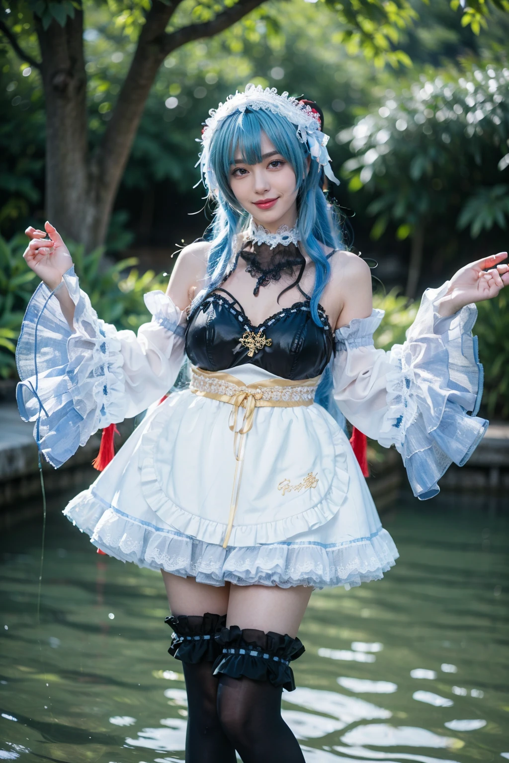 best quality, masterpiece, realistic, photorealistic, 1girl, solo, looking at viewer, smile, full body, ganyu cosplay costume, ganyu, cosplay, genshin impact, long hair, blue hair, alternate costume, dress, apron, white apron, detached sleeves, detached collar, bare shoulders, frills, frilled sleeves, maid headdress, hairband, horns, kneehighs, frilled kneehighs, high heels, chinese garden, tree, flower, water, <lora:Genshin_Ganyu_maid_cosplay_v1:0.7>