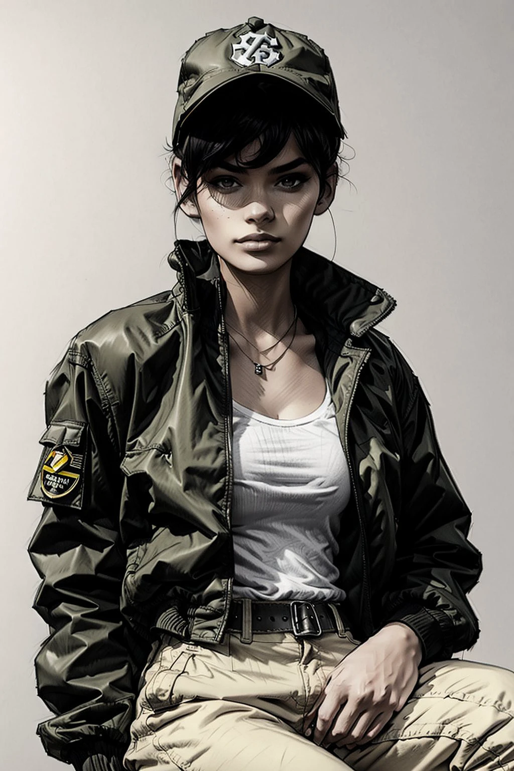 pencil portrait sexy slender woman (smiling:0.6) in a Baseball cap and khaki pants, cgsociety, gothic art, wearing military outfit, very sexy woman with black hair, wearing dark green bomber jacket (Techware style:1.2) oversize, sun spots on the face, sunset rays, warm sunset lighting, cozy sunny evening lighting, (drawing on a white background, concept art:1.2)