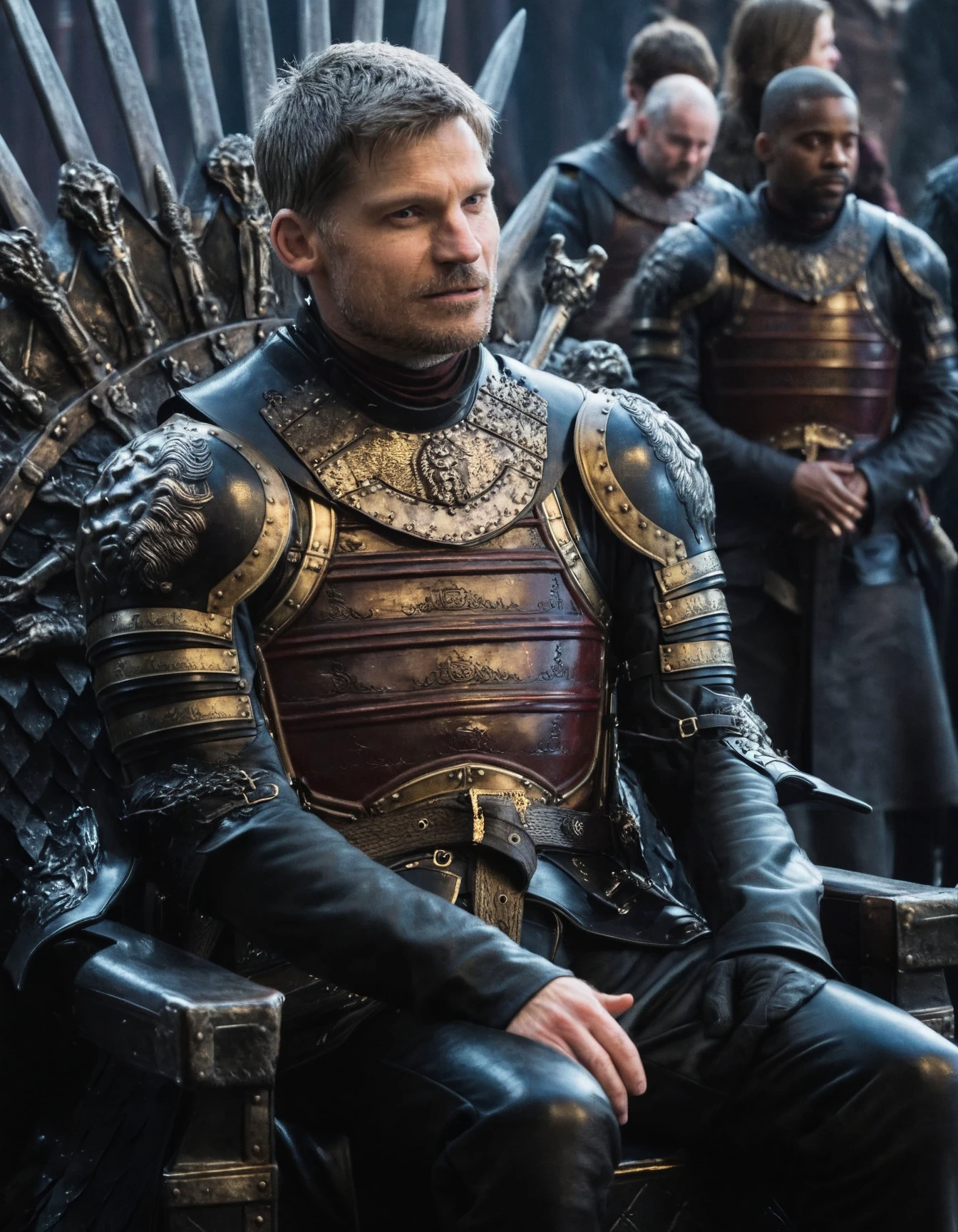 high resolution photo of jme man with short grey hair,full body shot,volumetric lighting,wearing black armor,sitting in the iron throne,close-up,the shot is cinematic,highly detailed skin,(sweaty skin:1.2)