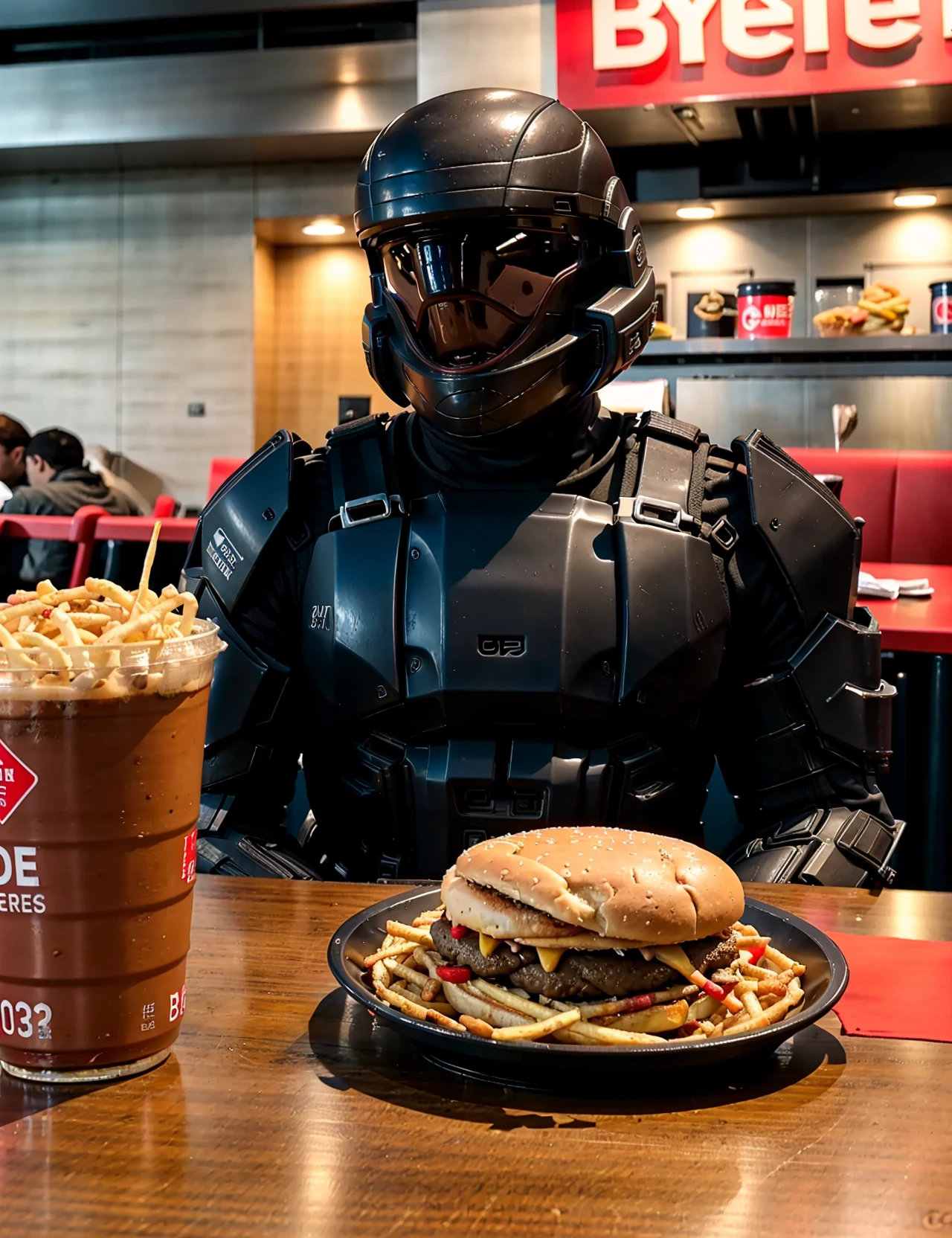 photo++ of an ODST sitting at a table in Five Guys, milkshake, burger, fries