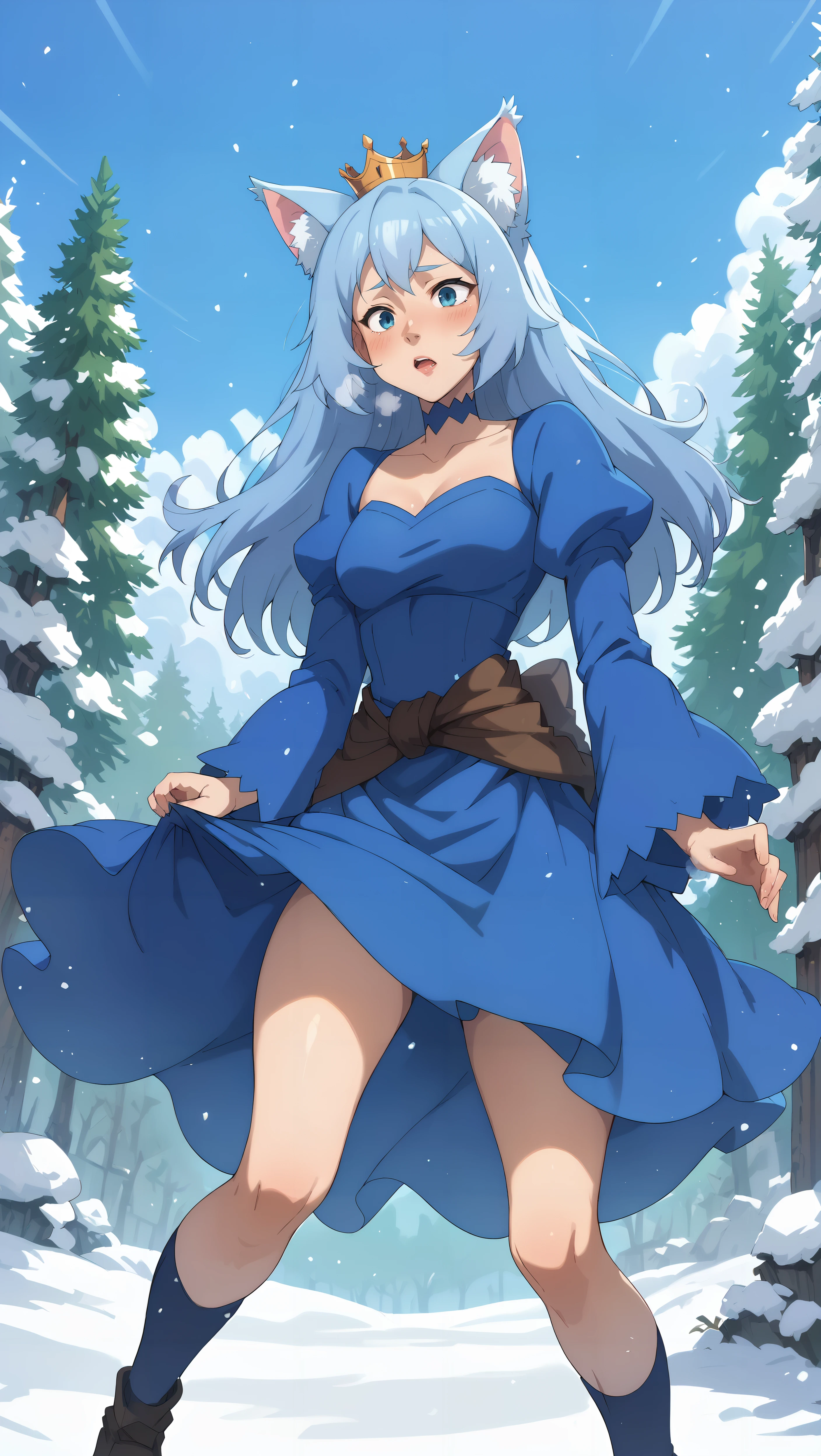 score_9,score_8_up,score_7_up,score_6_up, zPDXL, woman, long hair, light blue hair, light blue cat ears, blue eyes, crown, blue dress, blue choker, <lora:Fairy Queen_pony-000004:0.8>, outdoors, snowing, snowflakes, freezing, visible breath, winter forest, pine forest, covered in snow, <lora:Wakfu_CartoonV02:0.8>, (slouching),