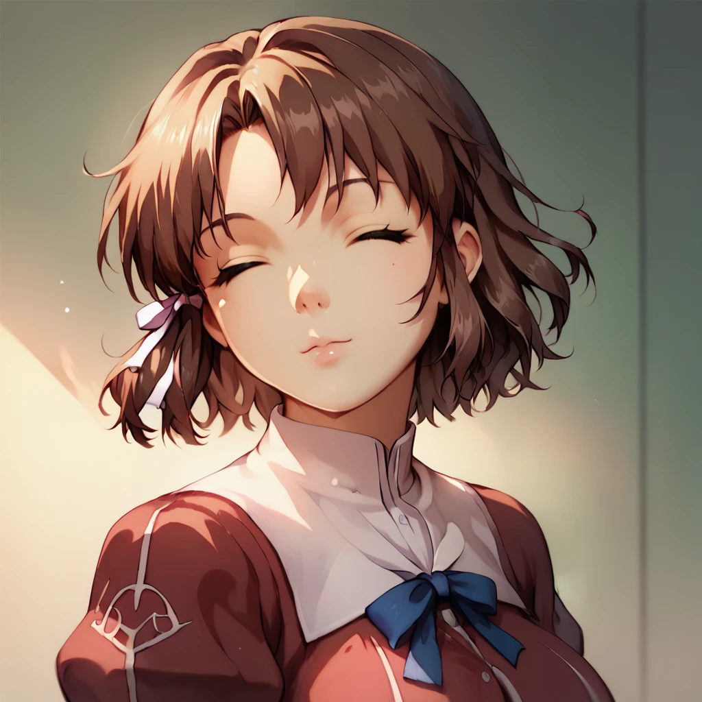 score_9, score_8_up, score_7_up,
ChiffonFairchild,1girl,solo,breasts,short hair,large breasts,brown hair,long sleeves,ribbon,detailed school uniform,closed eyes,:3,looking at viewer,hair ribbon,upper body,puffy sleeves,close-up,anime coloring .
 <lora:Chiffon_Fairchild_v2-6:0.6>