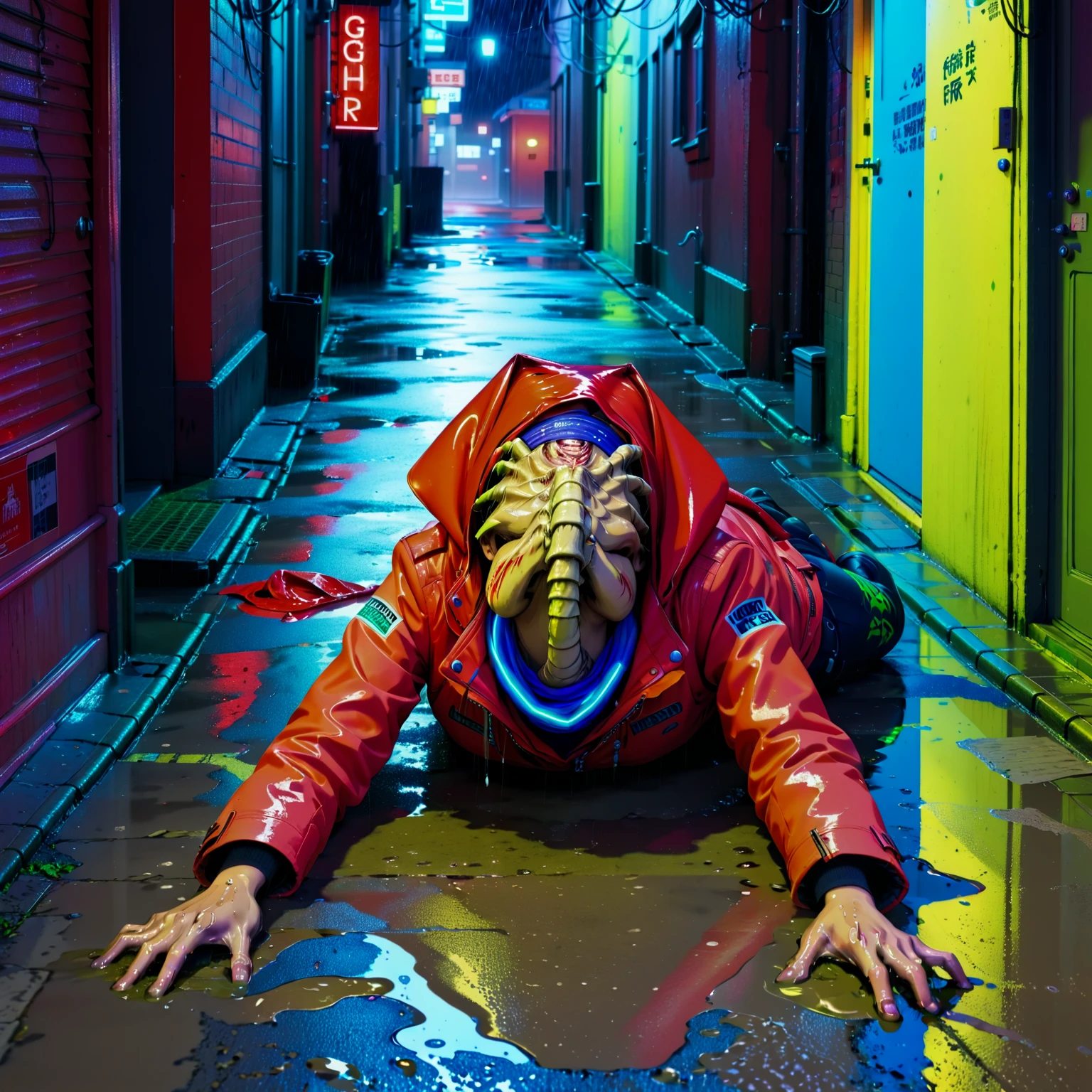 a woman in a red jacket lying face up on the ground with a fchgr covering her head, neck wrap, fchgr, monster, alleyway, night time, neon light, puddles, rain,