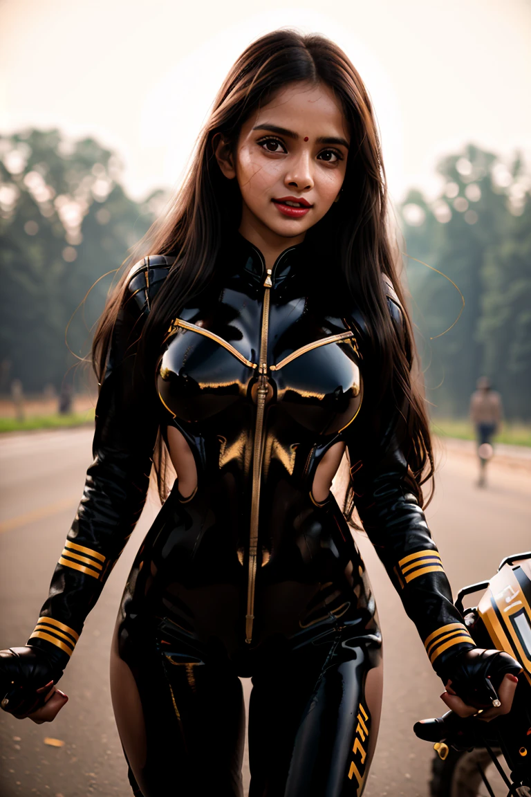 analog photography, tv_Ahalya_MXAI, , , wearing a full body biker suit, standing next to a dirtbike, happy expression,, 8k resolution, highres, high detail, sharp focus, detailed skin, 8k uhd, bokeh, analog photography