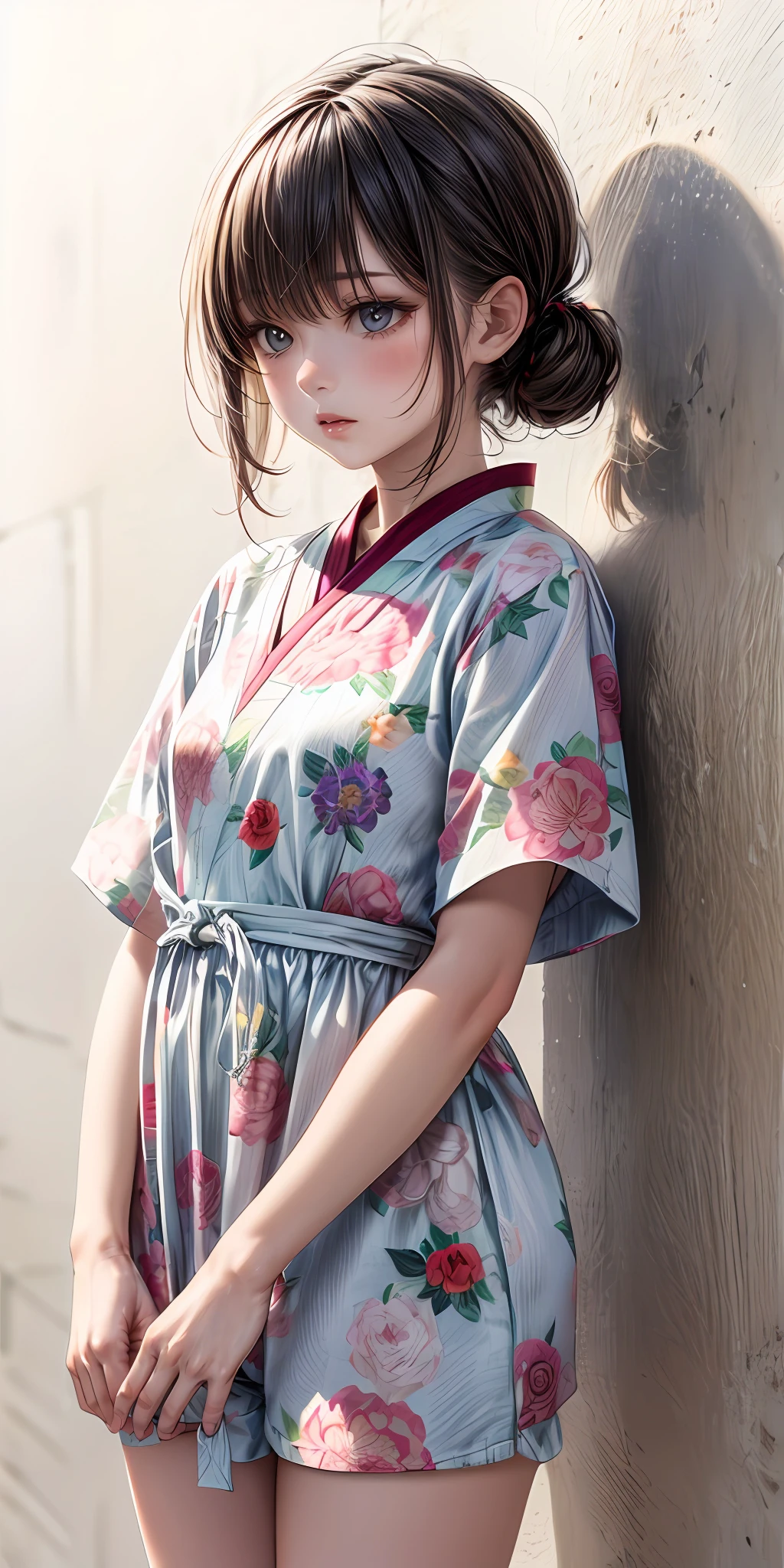 (masterpiece,ultra-detailed,best quality,8K,CG,illustration,shaved:1.0),(girl:1) <lora:more_details:1>,simple background,cowboy shot
<lora:jinbei v1.0:0.4> jyojifuku, floral print, short sleeves,white clothes
