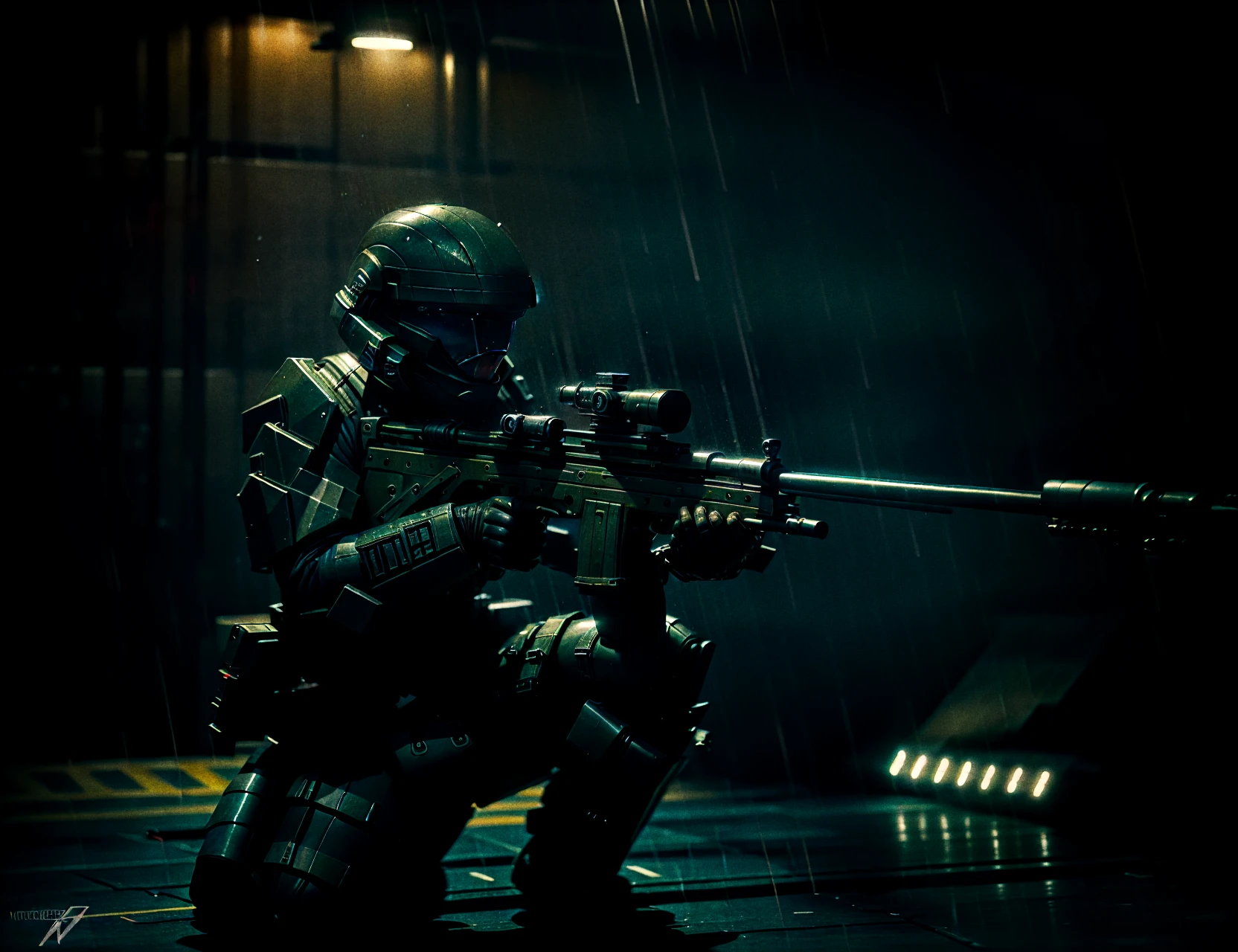 cinematic photo++ of an ODST aiming+ a sniper rifle, kneeling in the dark heavy rain, gloves