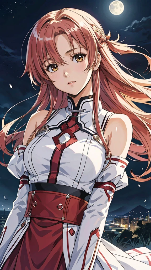 (best quality, masterpiece, colorful, dynamic angle) upper body photo, fashion photography of intense long red hair, (Asuna Yuuki)(sword art online) yuuki asuna, (ultrahigh resolution textures), in dynamic pose,(intricate details), moonlight passing through hair, perfect night, fantasy background, (official art)