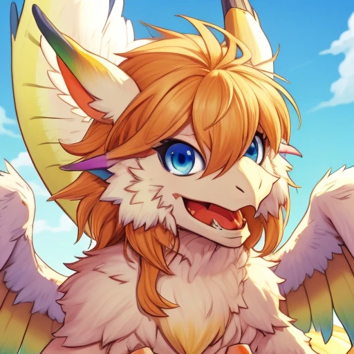 dragon, solo, flam_mana, wings, blue eyes, blonde hair, fang, sky in background, tail, fur, claws, looking at the viewer, focus on face, close up <lora:Flammie_White_Dragon_from_Mana_video_games_series:1>