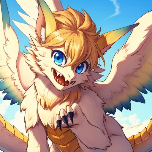 dragon, solo, flam_mana, wings, blue eyes, blonde hair, fang, sky in background, tail, fur, claws, looking at the viewer, focus on face, close up <lora:Flammie_White_Dragon_from_Mana_video_games_series:1>