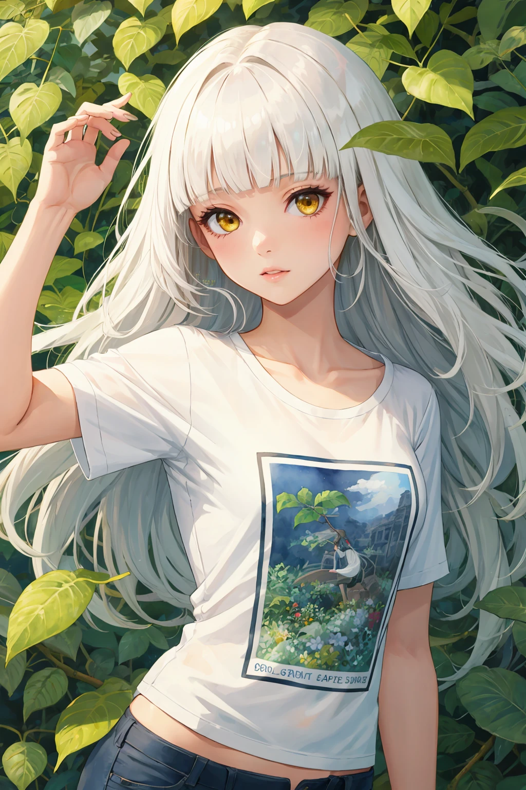 1girl, hazel yellow eyes, white hair, long hair, blunt bangs, hime cut, small breast, t-shirt, watercolor style, flower, leaf, vines, floral work, upper body, pose, contrapposto