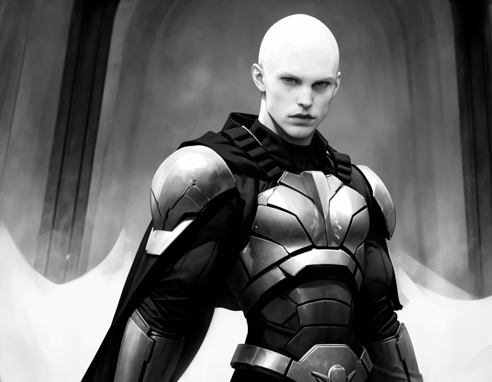 <lora:feydrautha_v1:0.8>, feydrautha, (realistic face, cinematic lighting, greyscale, monochrome:1.10), 1man, (browless:1.10), bald, pale skin, evil expression, (front view, upper body, detailed background:1.20), black armor, dual slim, wielding, cape, holding two sword, lifting arms, in an arena, science fiction, <lora:zoom_slider_v1:-1>, <lora:skin_tone_slider_v1:-1>, <lora:backlight_slider_v10:0>