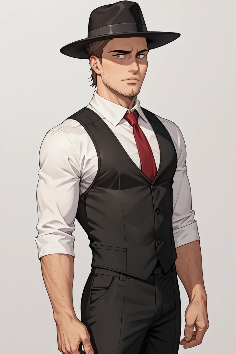 score_9, score_8_up, score_7_up, solo male, , Jean Kirstein, brown hair, light-brown eyes, thin eyebrows, facial hair, stubble, white collared shirt, vest, 3 pieces suit, red necktie, fedora hat, handsome, charming, alluring, full body, perfect anatomy, perfect proportions, best quality, masterpiece, high_resolution, dutch angle, cowboy shot, italian ciry harbor, seaside ciryscape, (perfect face, perfect eyes:1.3)<lora:EMS-342674-EMS:0.800000>