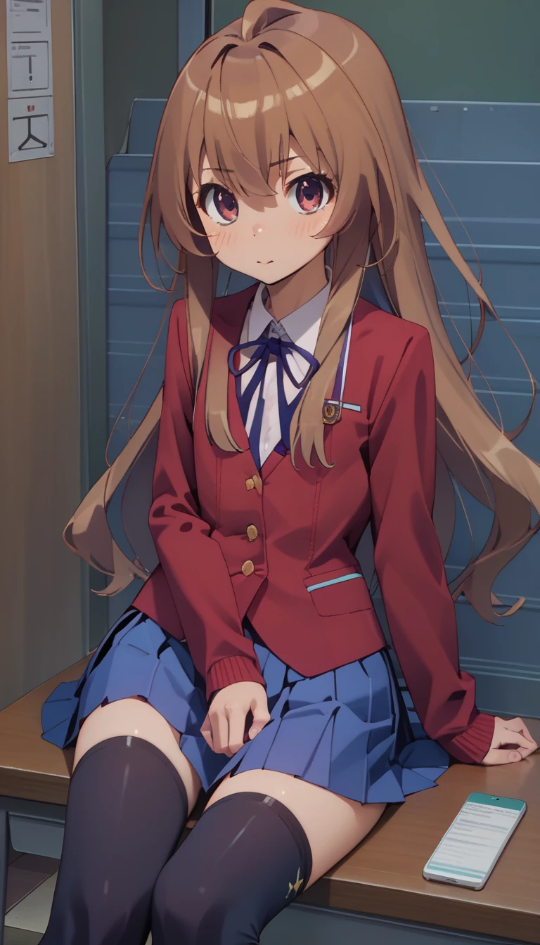 aisaka taiga, 1girl, solo,long_hair, brown hair,(school uniform:1.1), skirt,shirt, ribbon  flat chest, (black thighhighs:1.1)，(foot_focus:1.15),foot_worship,full_body