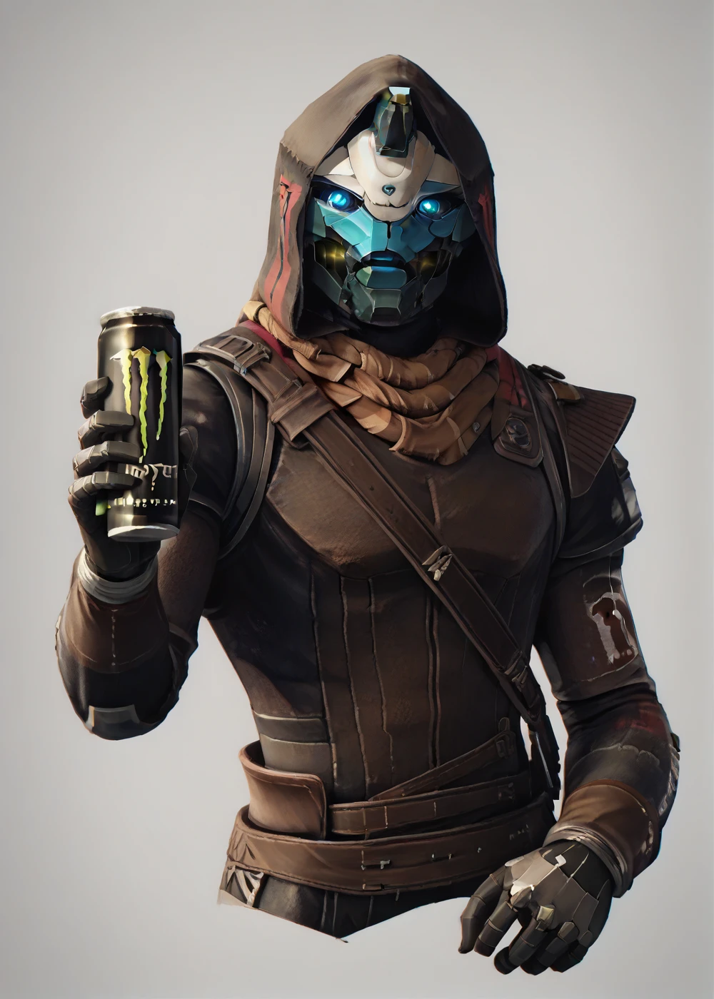 cayde, armor, colored skin, horn, glowing eyes, blue eyes, scarf, hood, full body, robot body, robot joints, holding monster energy, <lora:monsterEenergy_pony:1>  <lora:Cayde-6_PonyXL:0.8>, BREAK score_9, score_8_up, score_7_up, score_6_up, score_5_up,