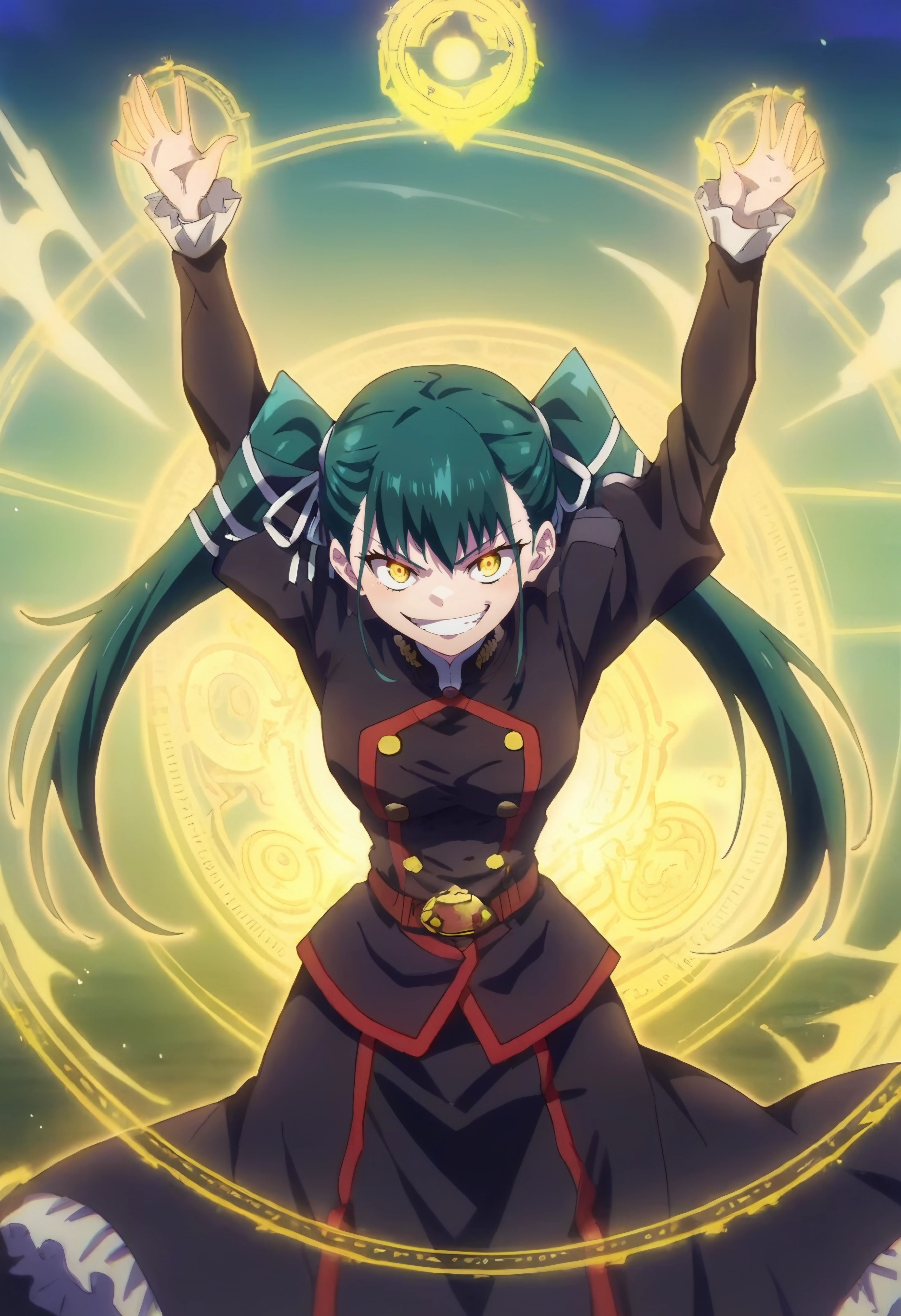 <lora:Yachiho Azuma:1> yachiho azuma, 1girl, solo, yellow_eyes, green_hair, hair_ribbon, twintails, long_hair, bangs, smile , uniform, long_sleeves,layered_skirt, black_skirt , yellow magic circle, grin, score_9, score_8_up, score_7_up, score_6_up, score_5_up, score_4_up , anime coloring ,BREAK source_anime, anime