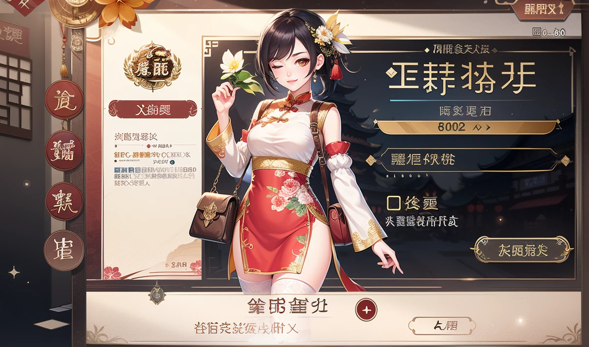 Game interface,decorations,1girl,chinese text,thighhighs,black hair,bag,solo,one eye closed,white thighhighs,shoulder bag,looking at viewer,flower,chinese clothes,official alternate costume,hair ornament,
<lora:huanqing_zhizhangéç¨çé¢:0.8>,(((High quality))),8k,masterpiece,