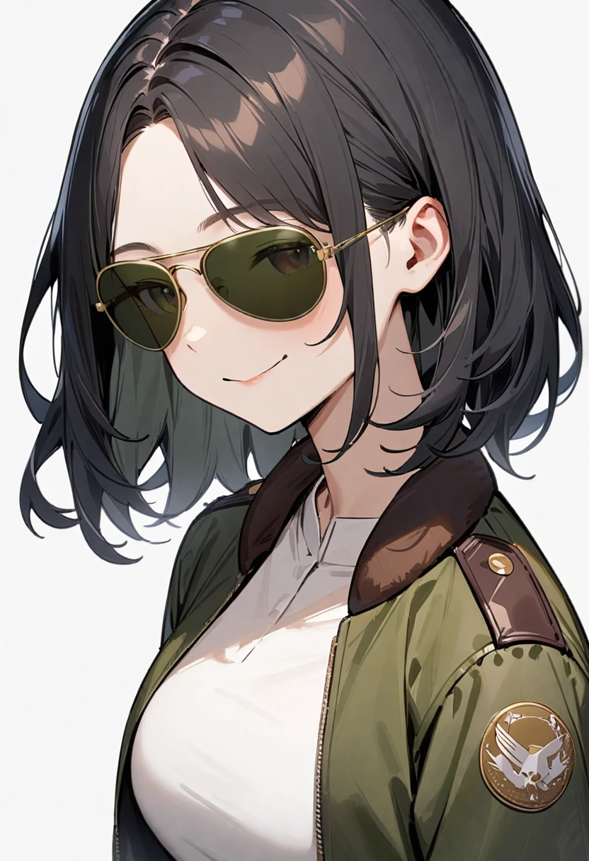 masterpiece, best quality, very aesthetic, absurdres, 
1girl, solo, black hair, medium hair, smile, upper body, bomber jacket, covered eyes, 
sg-AVIATOR, sunglasses, yellow-framed eyewear,  darkgreen-tinted eyewear
, white background, simple background,
 <lora:sunglasses_aviator_SDXL_V1:1>