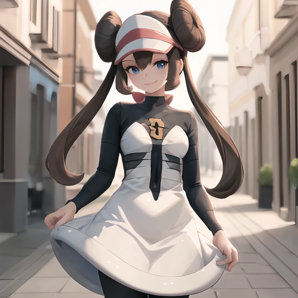 masterpiece, best quality, highly detailed, 1girl, solo, <lora:rosa_pokemon-09:0.8> (rosa_pokemon:1.3),
visor, brown hair, hair buns, long hair, twintails, blue eyes, seductive smile,
standing, street,
<lora:team_galactic_mars_outfit-08:1.2> (team_galactic_mars_outfit:1.5), dress, short dress, long sleeves, pantyhose, white footwear, boots, black dress, white dress