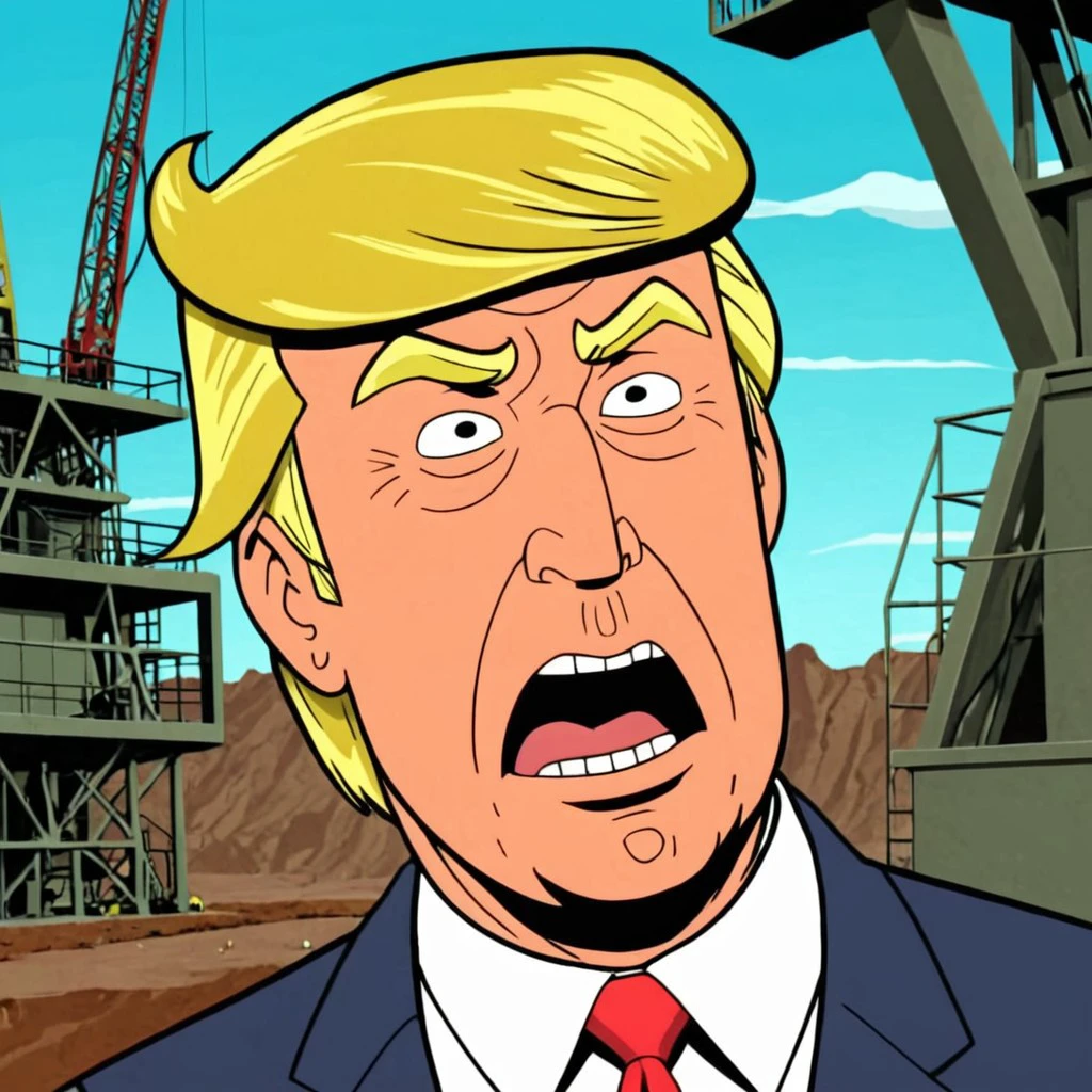 cartoon screencap of president donald trump in (venturebros:1.4) style. , Embarrassed expression, dramatic camera angle, depth of field, scene in Oil rig
<lora:VentureBros_style_XL_v1.1:1.15>