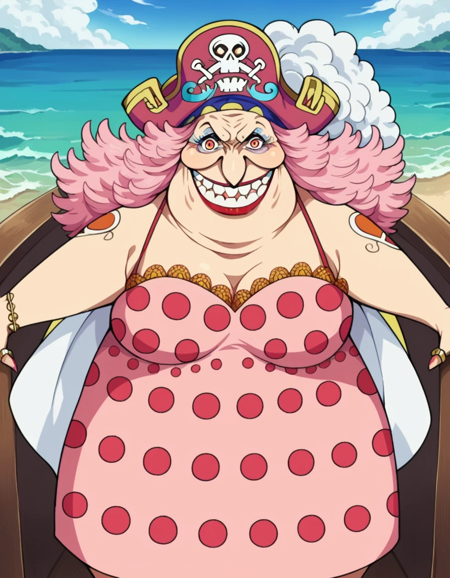 score_9, score_8_up, score_7_up, source_anime,
linlincharlotte, <lora:linlin-charlotte-ponyxl-lora-nochekaiser:1>,
linlin charlotte, pink hair, giant, fat, orange eyes,
hat, dress, jewelry, ring, polka dot, lipstick, pink dress, teeth, makeup, pirate hat, skull and crossbones,
outdoors, ship, ocean, pirate ship,
looking at viewer,