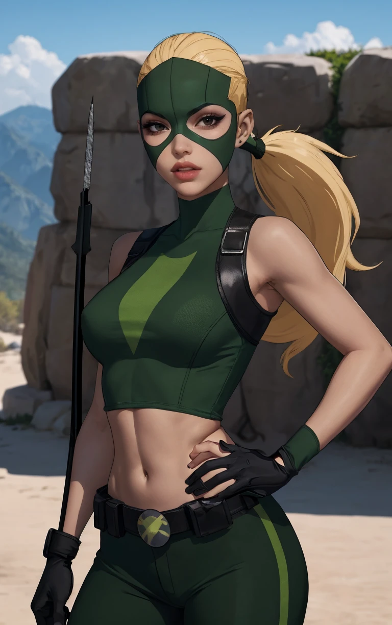 Costume_DC_YJ_Artemis_ownwaifu,
1girl, mask, domino mask,  blonde hair, very long hair, ponytail, dark skin, dark-skinned female, lips, makeup, black eyes, toned, lipstick, medium breasts, breasts, 
 crop top, midriff, gloves, navel, quiver, belt, fingerless gloves, green gloves, bare shoulders, bodysuit, sleeveless,  elbow gloves, green pants, green shirt, green leotard,
<lora:CARTOON_DC_YJ_Artemis_ownwaifu:0.7> 
((masterpiece)),((best quality)),(highres, absurdres), original, official_art, looking at viewer, solo, focused, outdoors, day, cowboy shot,