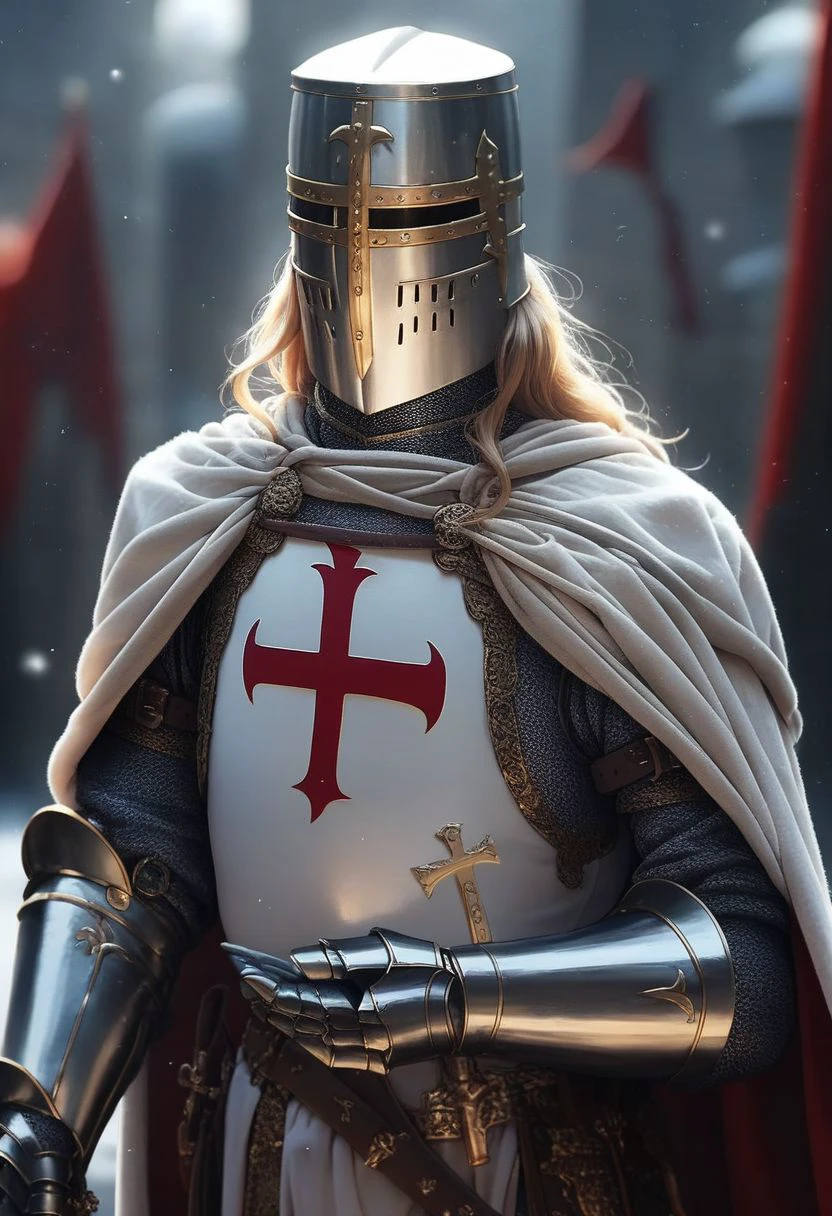 score_9, long hair,templar, knight, helmet, armor, blurry background, cross, gauntlets, blurry, cape, holding, upper body, solo