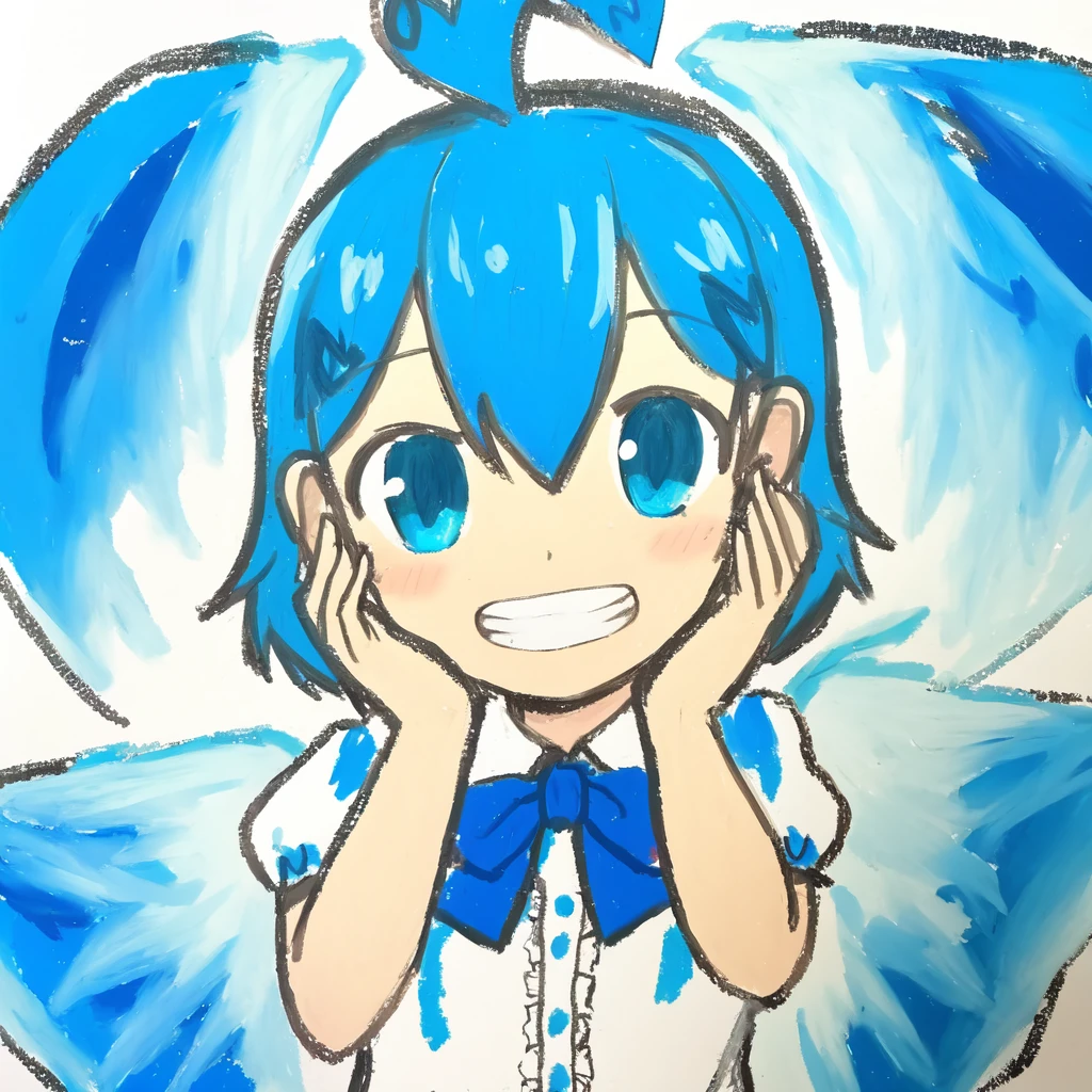 1girl, 
solo, puffy short sleeves, ahoge, upper body, closed mouth, short hair, hair bow, fingernails, heart, collared shirt, grin, ribbon, smile, +_+, hands up, short sleeves, blush, blue bow, simple background, ice, looking at viewer, wings, blue eyes, dress, bow, blue hair, frills, fairy, white background, teeth, hands on own face, hands on own cheeks, white shirt, hair between eyes, puffy sleeves, blue dress, shirt, ice wings, eyes visible through hair, 
masterpiece, best quality,  safe