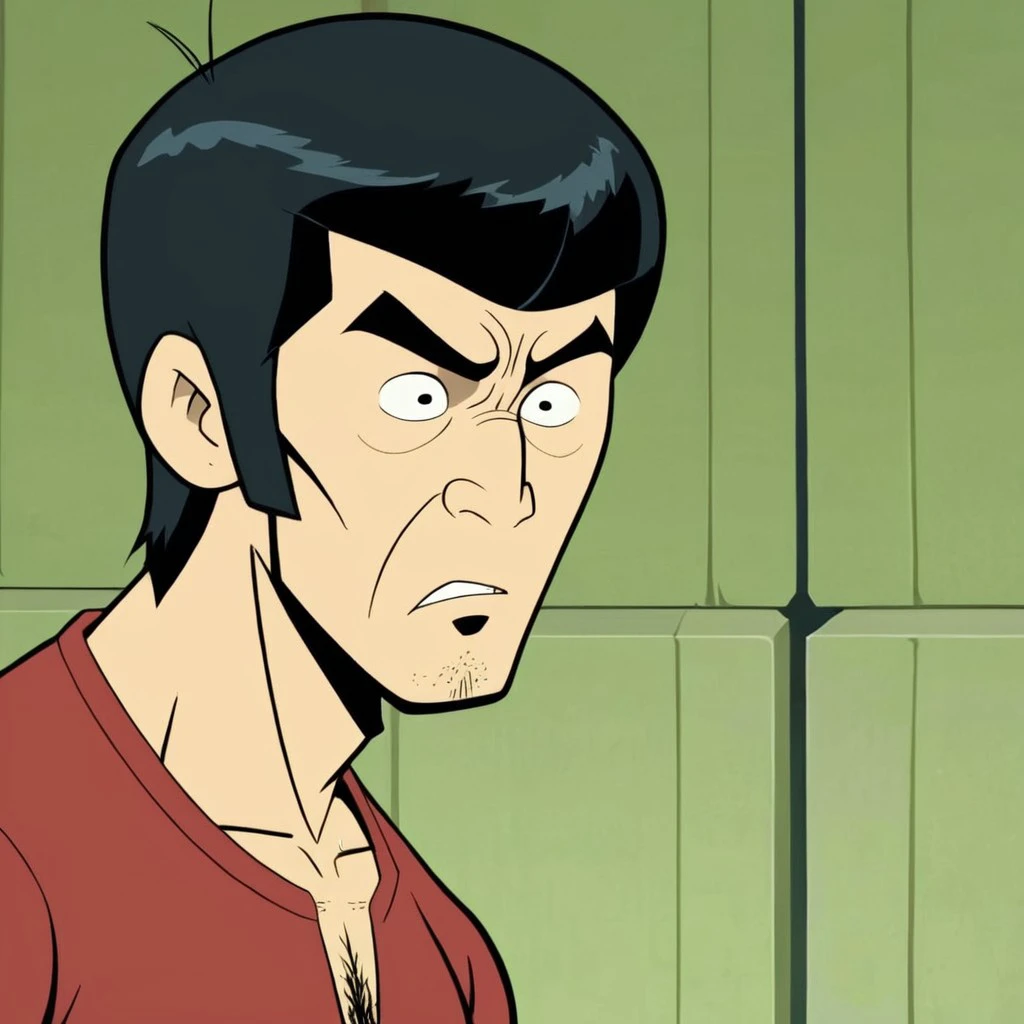 cartoon screenshot of Bruce Lee (Hong Kong-American martial artist, actor) in (venturebros:1.4) style. , puckering expression, scene
<lora:VentureBros_style_XL_v1.1:0.85>
