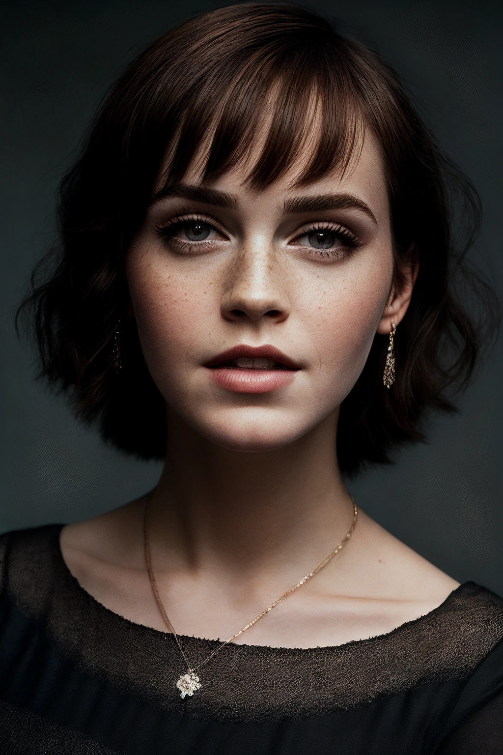 EmmaW_SoloTI_v1,PA7_Portrait-MCU, (vintage photo, tunic), (closeup portrait), necklace, 24mm, (tintype), (analog, cinematic, film grain:1.3), ((plaing Charcoal Gray background, gradient)), ((detailed eyes)), <lora:add_detail:0.5> ,<lora:LowRa:0.2>