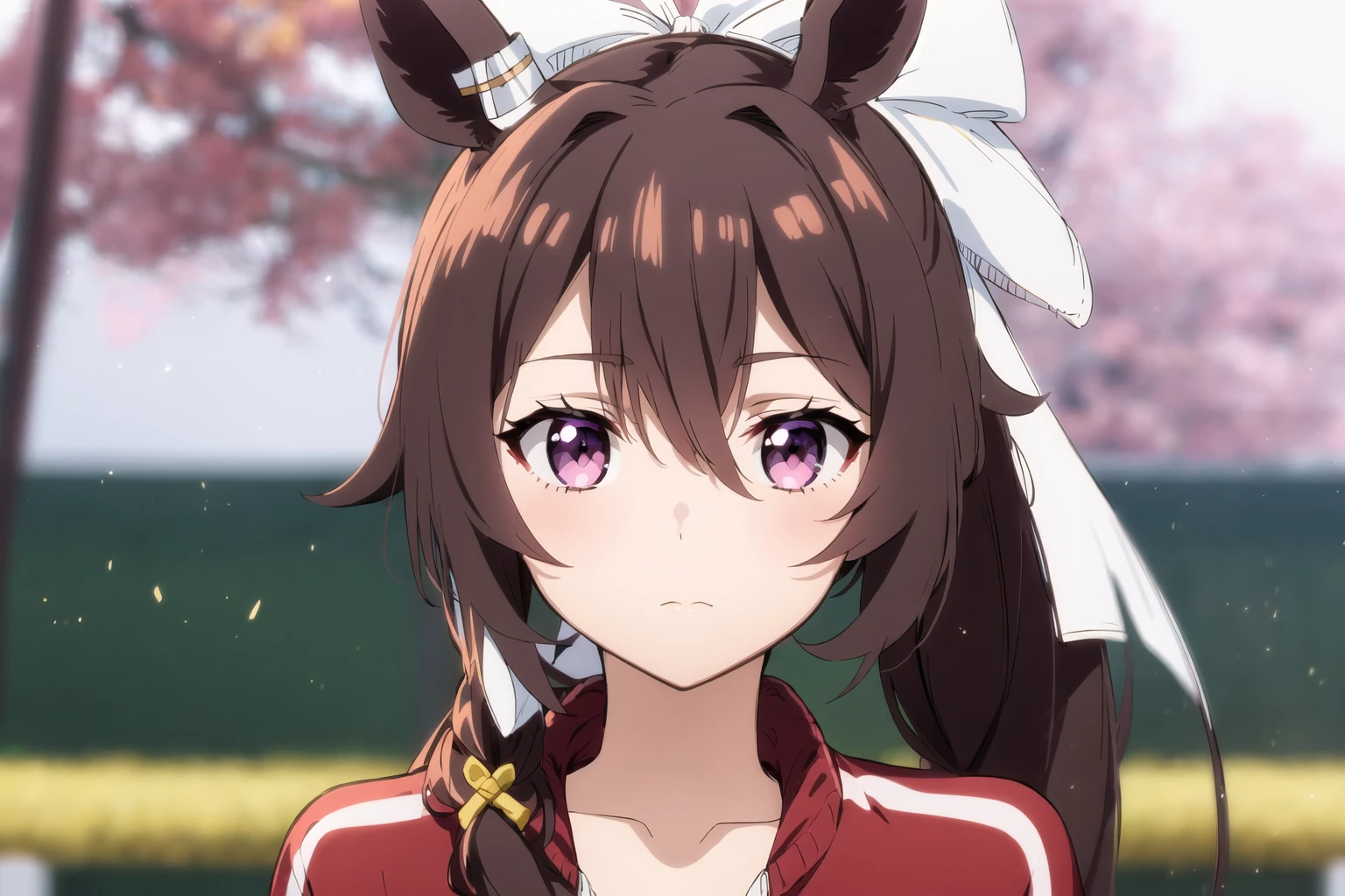 anime screencap, 1girl, solo, long hair, bangs, brown hair, ribbon, animal ears, hair between eyes, brown eyes, closed mouth, purple eyes, jacket, hair ribbon, upper body, ponytail, sidelocks, blurry, depth of field, blurry background, horse ears, white bow, horse girl, portrait, white ribbon, red jacket, low ponytail, track jacket, anime coloring, admire vega (umamusume)