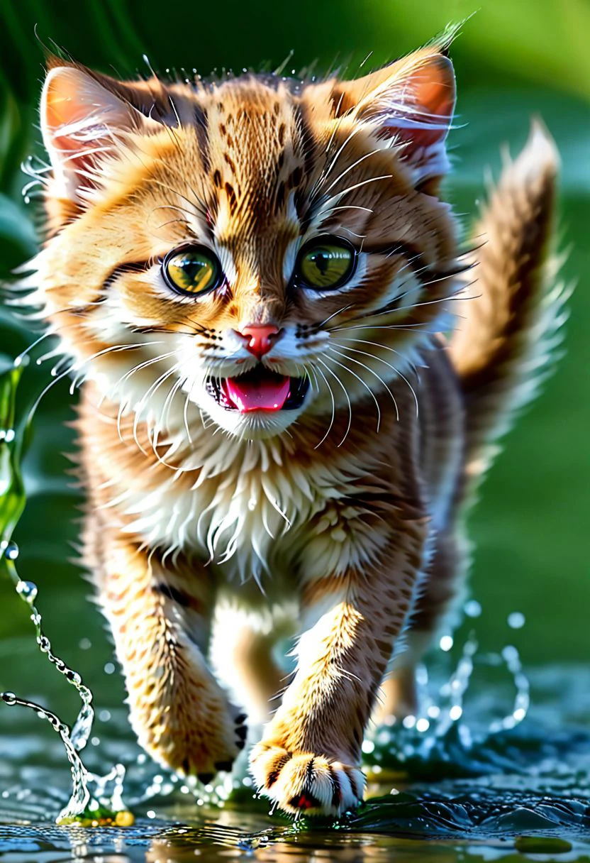 tiny kitten realistic, wet nose, bristling fur, pose in stalking to catch a small mouse