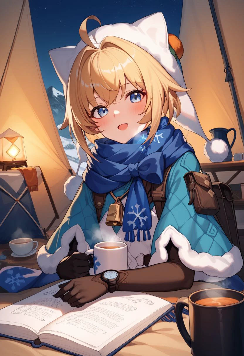 score_9, score_8_up, score_7_up, 1girl, smooth_anime,  LynxLandau, solo, blonde hair, short hair, ahoge, blue eyes,  fur-trimmed blue capelet, scarf, winter clothes, sweater, fur trim, white vest, blue pantyhose, wristwatch, black elbow gloves, long sleeves, hat, pendant, whistle, snowflake print, thigh_holster, mug with hot tea in hand, steam trail from mug, looking at viewer, tent, siting inside tent, tent background, snowy mountains.