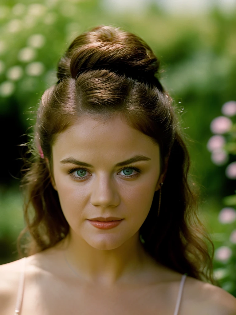 a woman <lora:el1z4b3thmcg0v3rn:1> in a jungle paradise, date night, stunning dress, 8K, (candid:1.2, amateur:1.2), highly detailed face, upper body, (close up), head:1.2, smiling