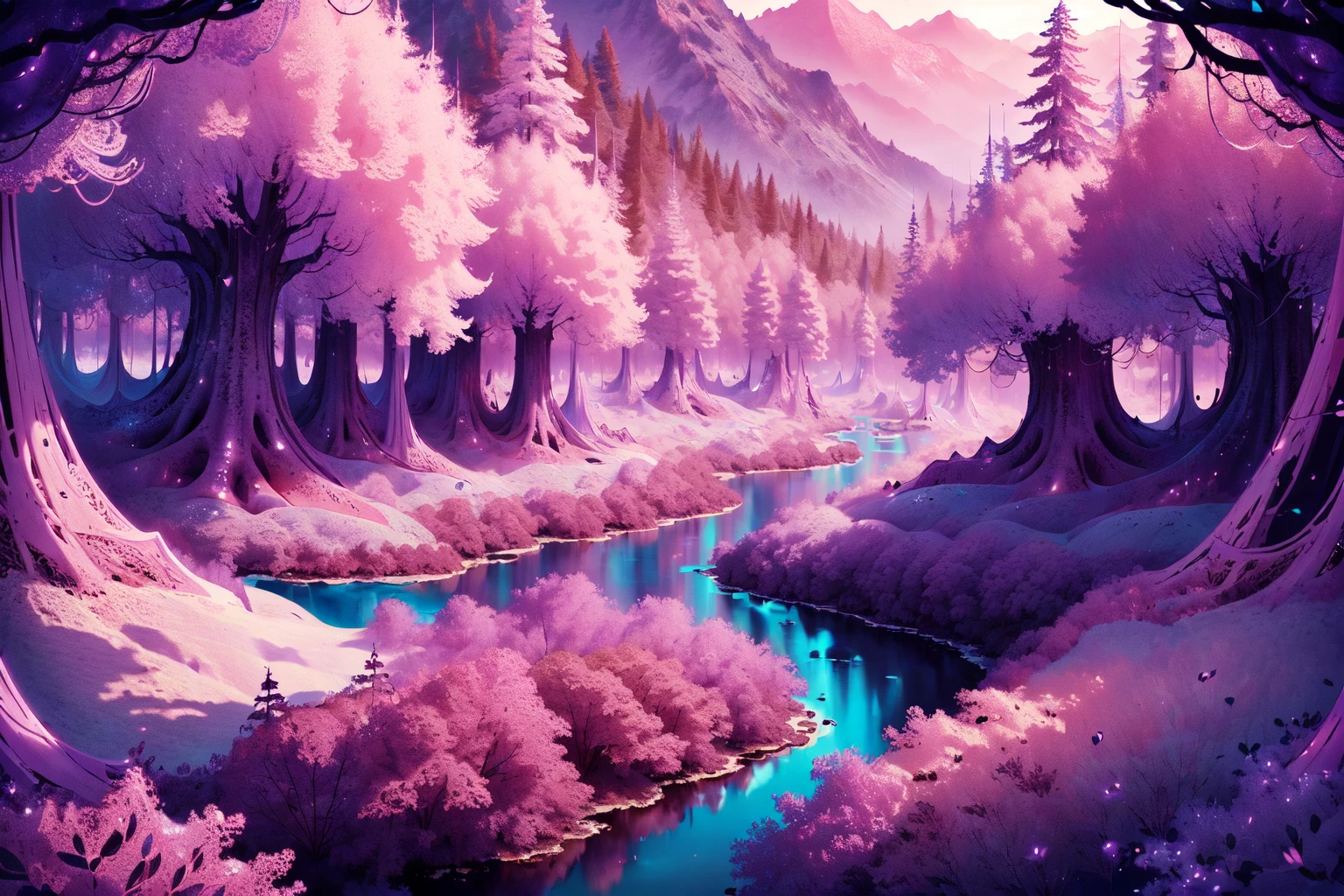 masterpiece, best quality, absuredres, <lora:WorldofLace1.0:1>, forest with mountains and rivers, purple, pink,