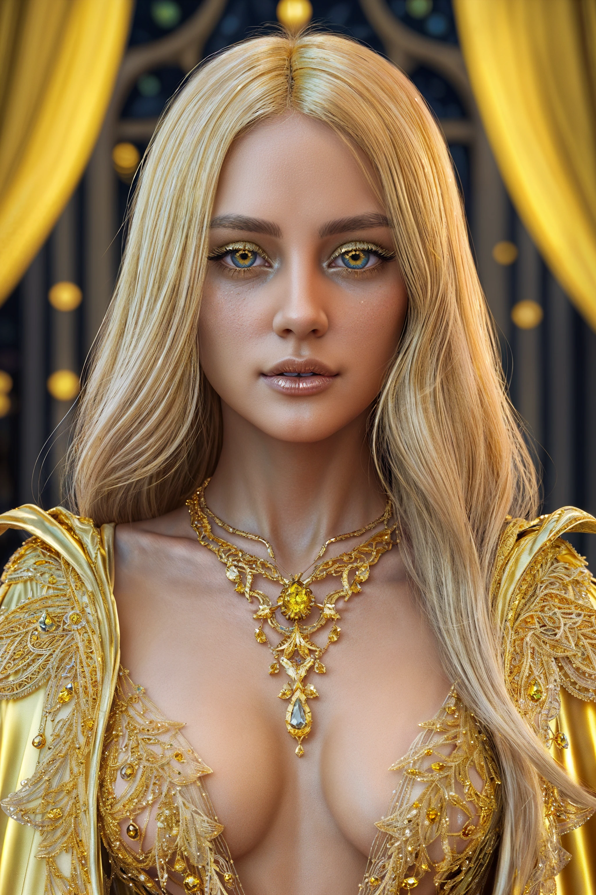 ultra detailed 8k cg, intricate detail, delicate patern, jewelry, gem, gold, golden, gold theme, shiny, glint, sparkle, blonde hair, yellow cloak, yellow eyes, rich, prestige, gothic architecture,