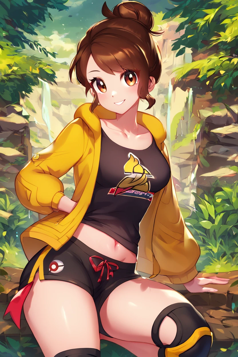 score_9, score_8_up, score_8, medium breasts, (curvy), cute, eyelashes,       gloria (pokemon), gloriaDojo, yellow jacket, black shirt, black shorts, knee pads,  short hair, single hair bun, collarbone,  cowboy shot, smile, looking at viewer,  <lora:Mdastarou:1>, <lora:Gloria_Pokemon_P1:0.8>,