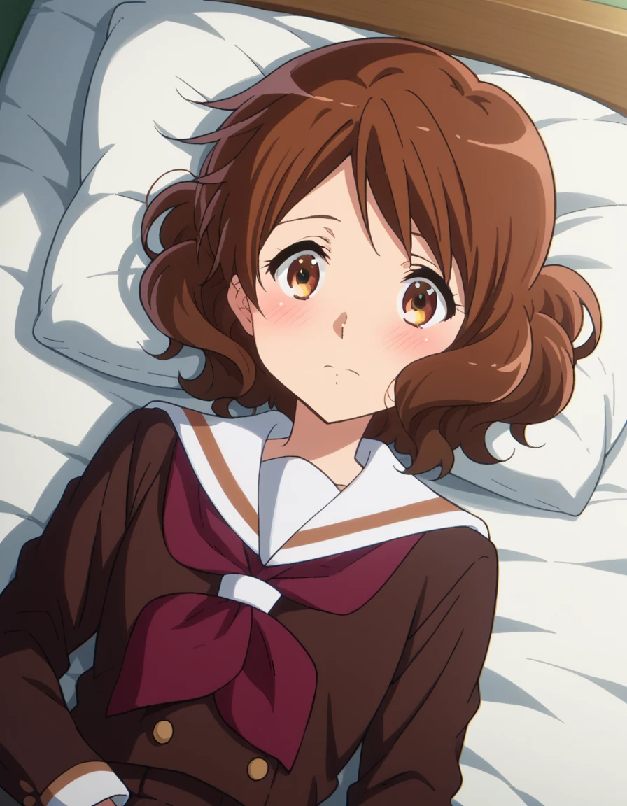 score_9, score_8_up, score_7_up, source_anime,
kumikooumae, <lora:kumiko-oumae-s2-ponyxl-lora-nochekaiser:1>,
kumiko oumae, brown eyes, brown hair, short hair, wavy hair,
skirt, shirt, long sleeves, school uniform, pleated skirt, serafuku, neckerchief, brown skirt, white sailor collar, brown shirt, kitauji high school uniform, red neckerchief,
indoors, bed, bed room, on side, blush, drunk,
looking at viewer, cowboy shot, dutch angle,