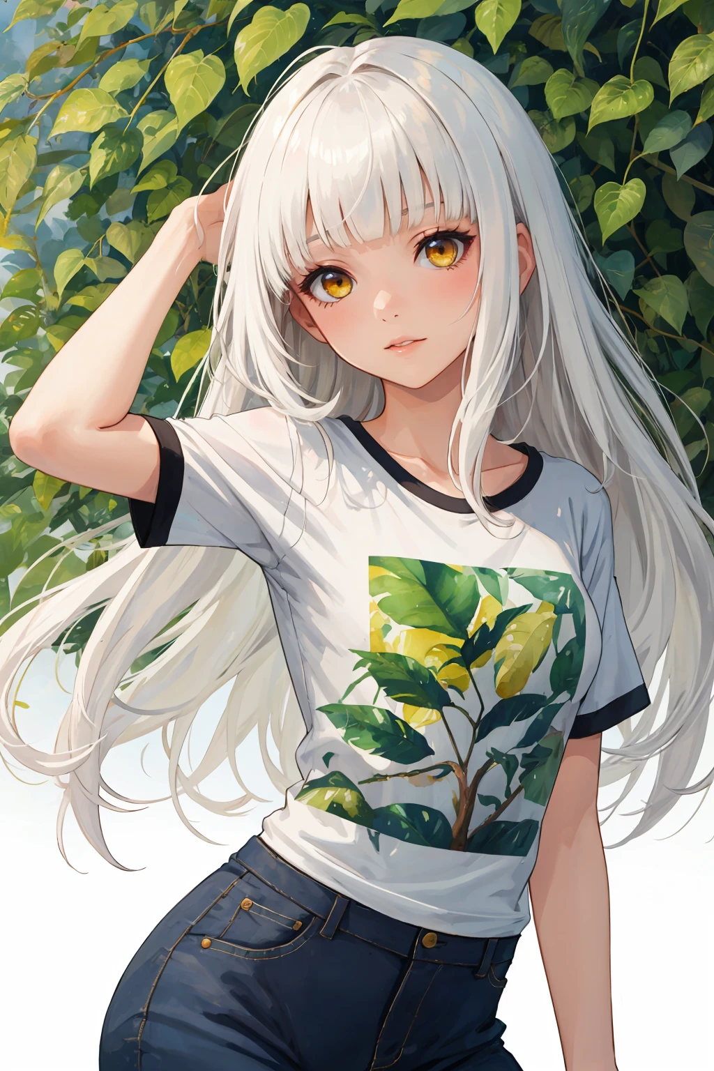 1girl, hazel yellow eyes, white hair, long hair, blunt bangs, hime cut, small breast, t-shirt, watercolor style, flower, leaf, vines, floral work, upper body, pose, contrapposto