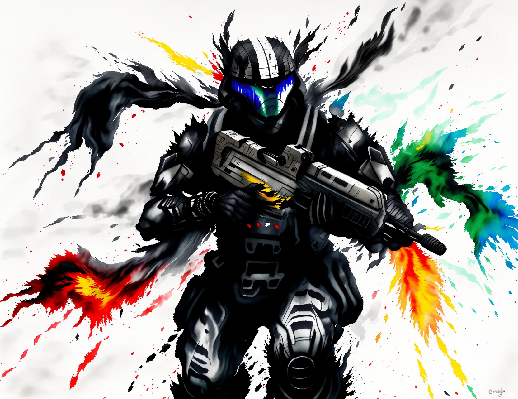 (energetic flowing ink painting)++ of an ODST running and wielding a battle rifle, dicolor