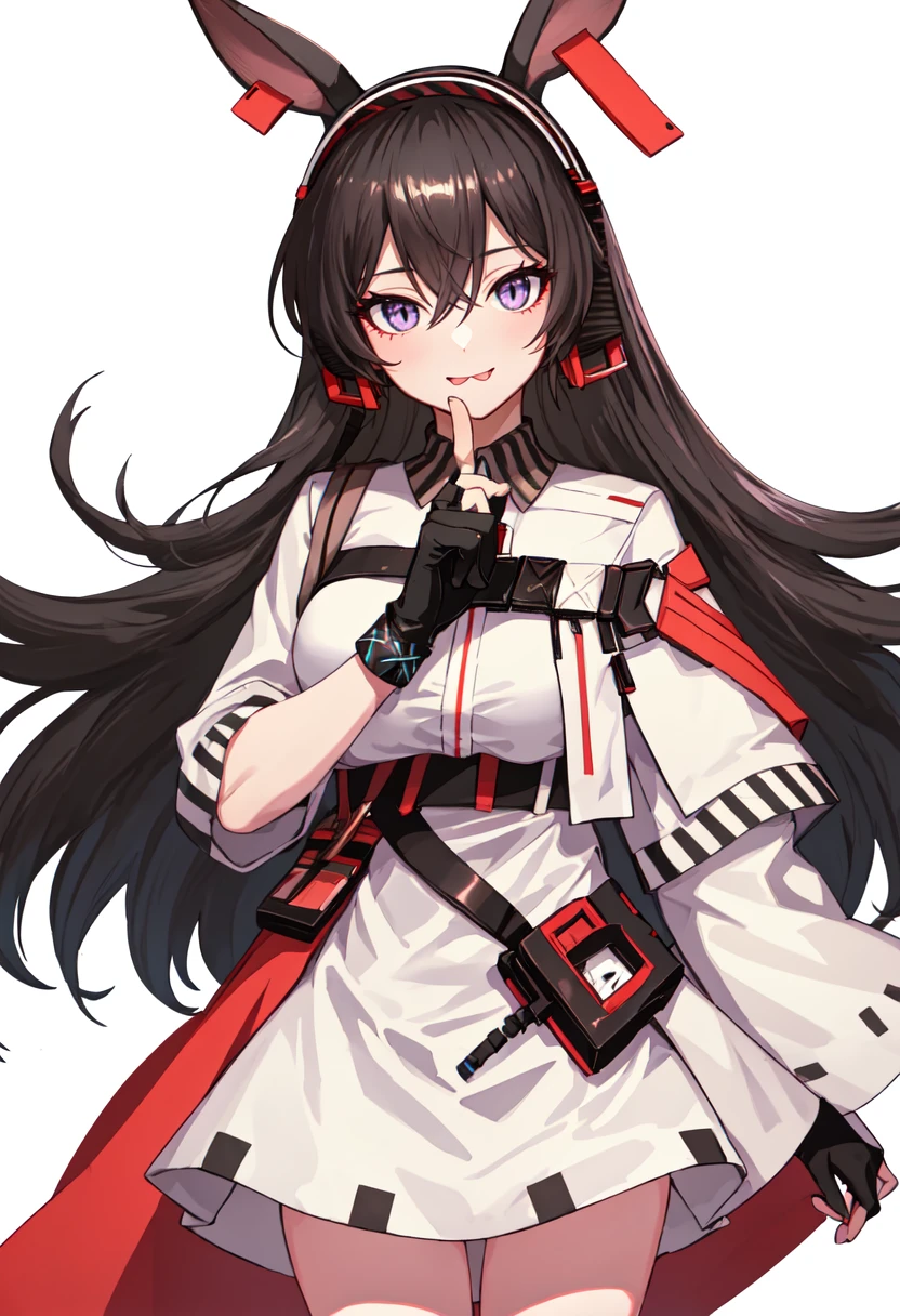 best quality, masterpiece, highres, solo, (april_arknights:1.10), 1girl, looking at viewer, white dress, long sleeves, simple background, smile, :p, black gloves, single glove, cowboy shot, infection monitor (arknights), white background, fingerless gloves, implied extra ears, very long hair, asymmetrical sleeves, 1 <lora:april_arknights:0.80>