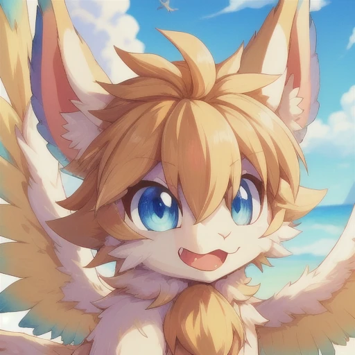 1animal, solo, flam_mana, wings, blue eyes, blonde hair, fang, sky in background, tail, fur, claws, looking at the viewer, focus on face, close up <lora:Flammie_White_Dragon_from_Mana_video_games_series:1>