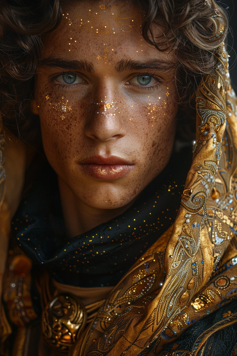 Ishtar, wise-one, wizard, full shot, masterpiece, photorealism, fashion photography, totality, eclipse, celestial, intricately detailed, natural lighting