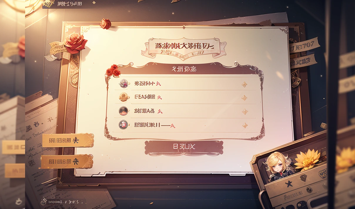 game interface,Role interface, tabs, buttons, logo, return titleï¼Currency columnï¼Content, screen contentï¼ blonde hair, rose, flower
(((High quality))),8k,masterpiece,<lora:huanqing_zhizhangee:0.8>,