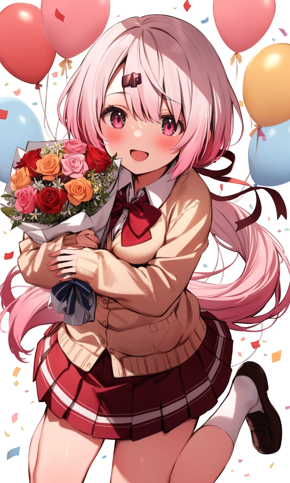 1girl, safe, shiina yuika, solo, long hair, looking at viewer, blush, smile, open mouth, skirt, hair ornament, bow, ribbon, school uniform, pink hair, flower, socks, virtual youtuber, hairclip, pink eyes, red skirt, rose, white socks, cardigan, loafers, happy birthday, bouquet, balloon, holding bouquet