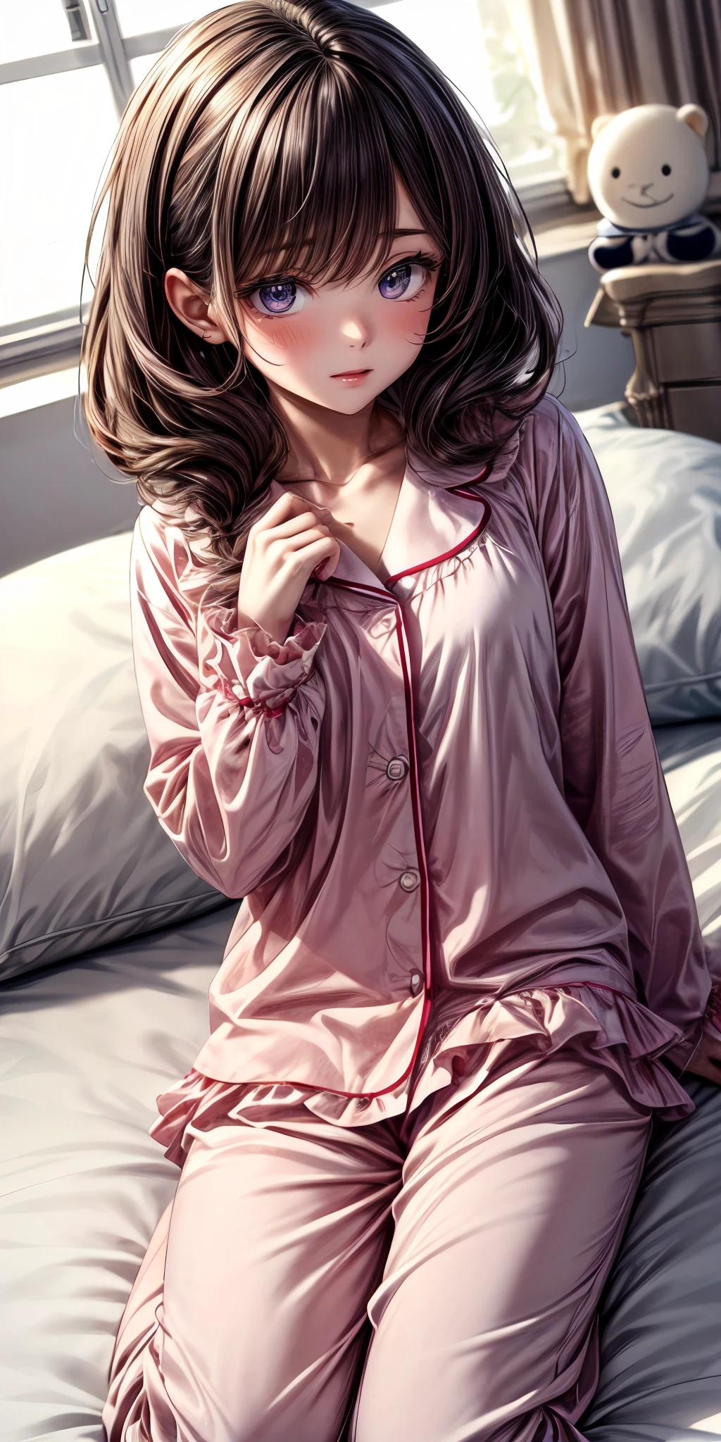 (masterpiece,ultra-detailed,best quality,8K,CG,illustration,shaved:1.0),(girl:1) <lora:more_details:1>,simple background ,
<lora:pajamas v1.0:0.5> jyojifuku, pajamas,frills,bed