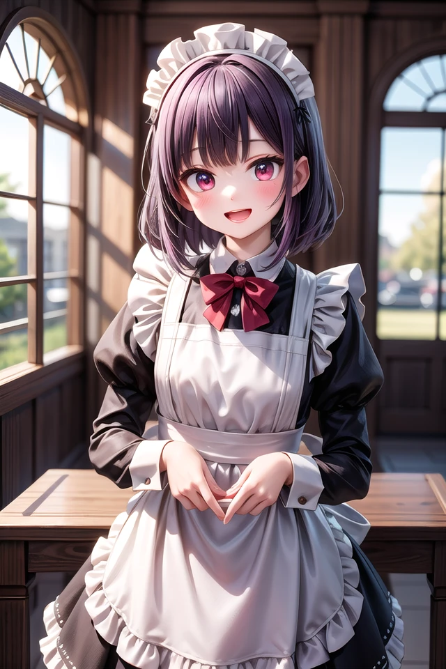 insanely detailed, absurdres, ultra-highres, ultra-detailed, best quality,
1girl, solo, nice hands, perfect hands
BREAK
(cleavage:-1.5),
(traditional maid:1.2),
apron, blush, bow, bowtie, frilled apron, frills, long sleeves, maid, maid apron, maid headdress, waist apron, white apron,
(maid costume, maid hair dress:1.3), long skirt
BREAK
happy smile, laugh, open mouth
BREAK
from above,
standing, cowboy shot, looking at viewer
BREAK
slender, kawaii, perfect symmetrical face, ultra cute girl, ultra cute face, ultra detailed eyes, ultra detailed hair, ultra cute, ultra beautiful
BREAK
fantasy world, in castle, indoors, antique interior, depth of field, ultra detailed background
BREAK
medium large breasts
BREAK
(purple hair, red eyes), medium hair, hime cut