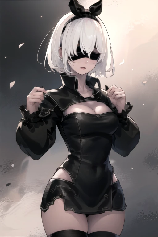1girl,2B from Nier:Automata,Classic attire,blindfold,beautiful body,Masterpiece,Best quality,pretty face,Highly detailed,Hard disk,City background,blindfolds