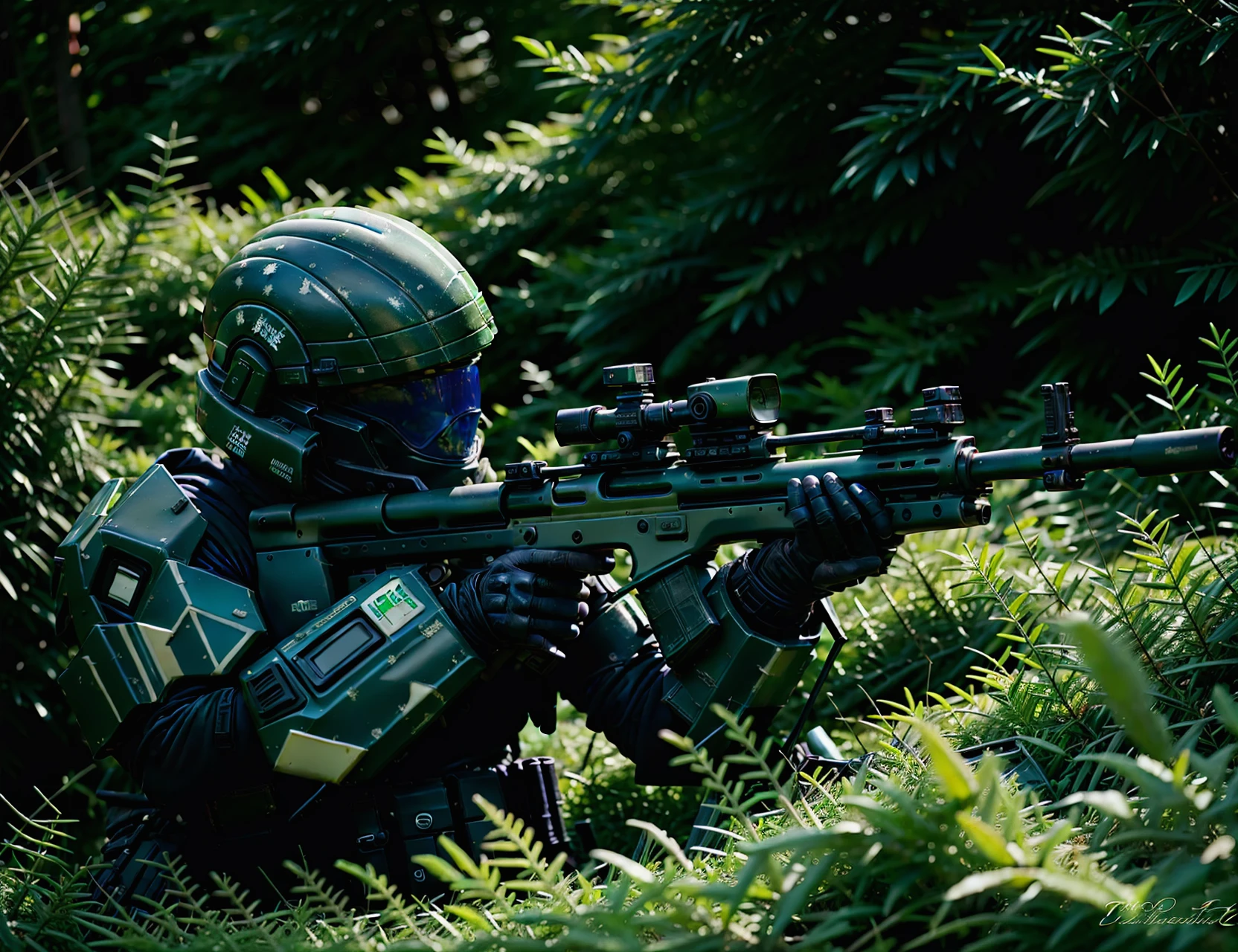 photo++ of an ODST aiming a battle rifle, cinematic, camouflage, in a forest, blue visor+, gloves