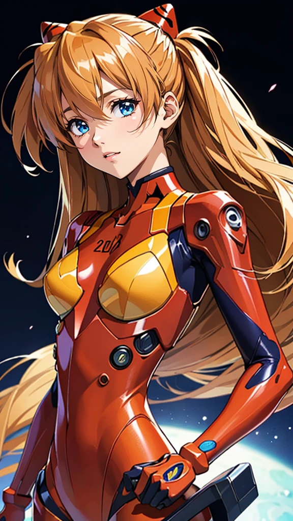 (best quality, masterpiece, colorful, highest detailed) upper body photo, fashion photography of cute (Asuka Langley), in high detailed textured Evangelion red plugsuit, (ultra-detailed body), (light smile:0.3), moonlight passing through hair, (colorful background:1.3), (intricate details), (dynamic angle)