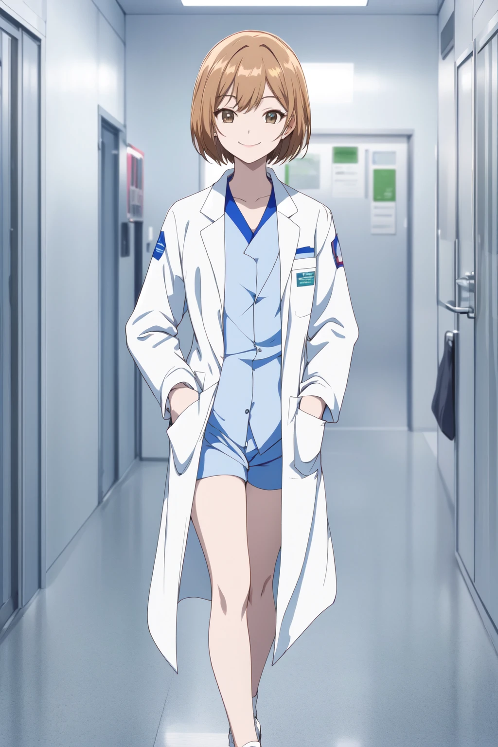 (RAW photo, best quality), 1girl,  natural lighting,  <lora:shouko_dr_elise_v1_2-000004:1>, shouko, labcoat,smile, hospital, hands in pocket, smile, wink, full body, beautiful legs,